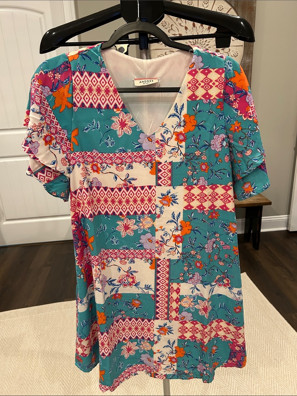 Andree Teal Patchwork Floral V-Neck dress / NWOT